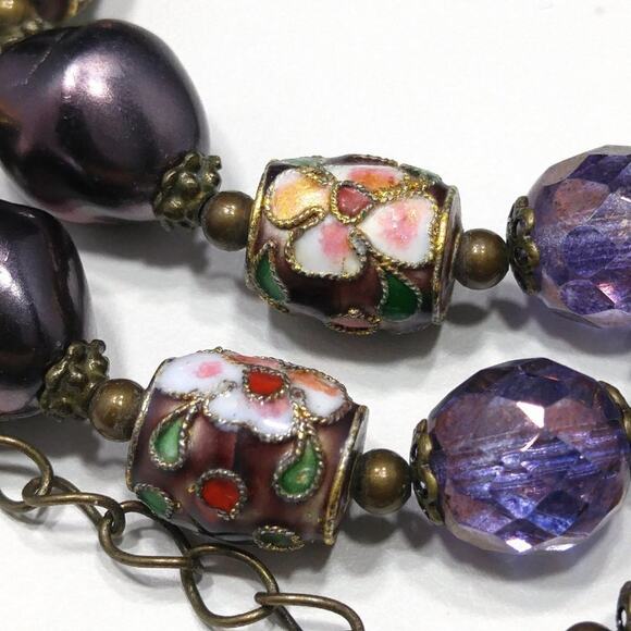 Purple Cloisonne Beaded Necklace, Faux Purple Pearls Czech Faceted Beads, 21 In. - Picture 4 of 8